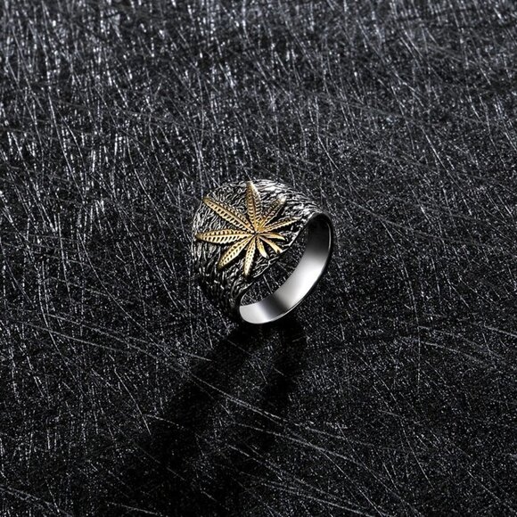 🍂 Two Tone Retro Leaf Hip Hop Carved Black Ring, FB16FA1119 - Picture 4 of 4